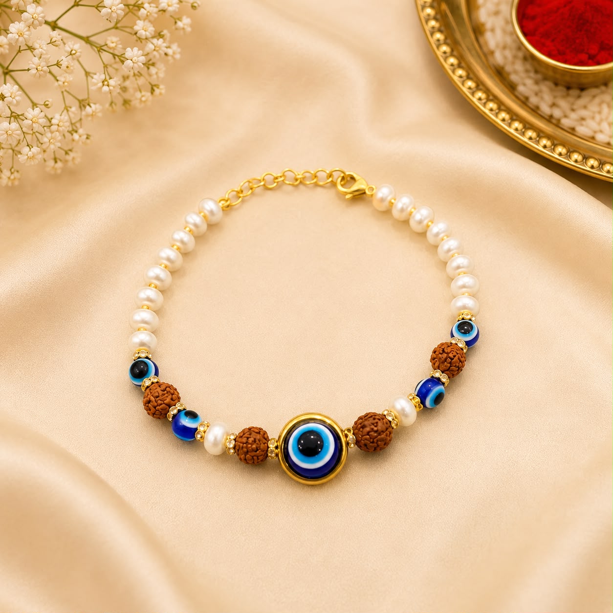 Premium Evil Eye Bracelet for Bhabhi with Rudraksha & Pearl Beads