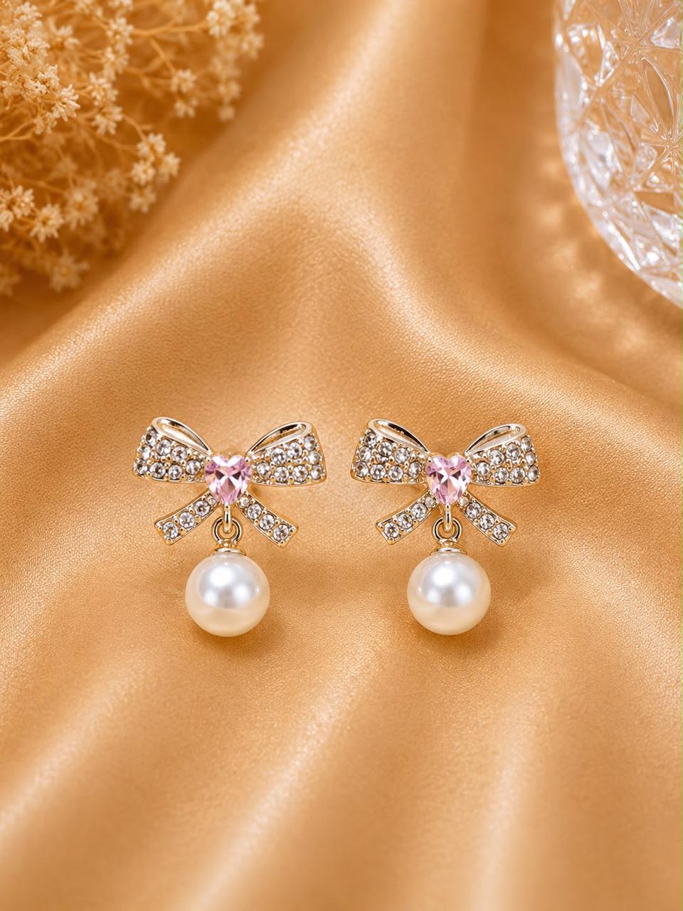Pink Bow Pearl Drop Earrings