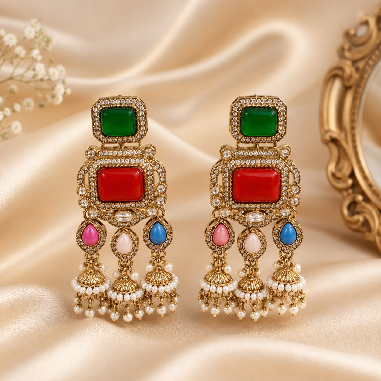 Multicolor Antique Gold Pearl Tassel Statement Earrings