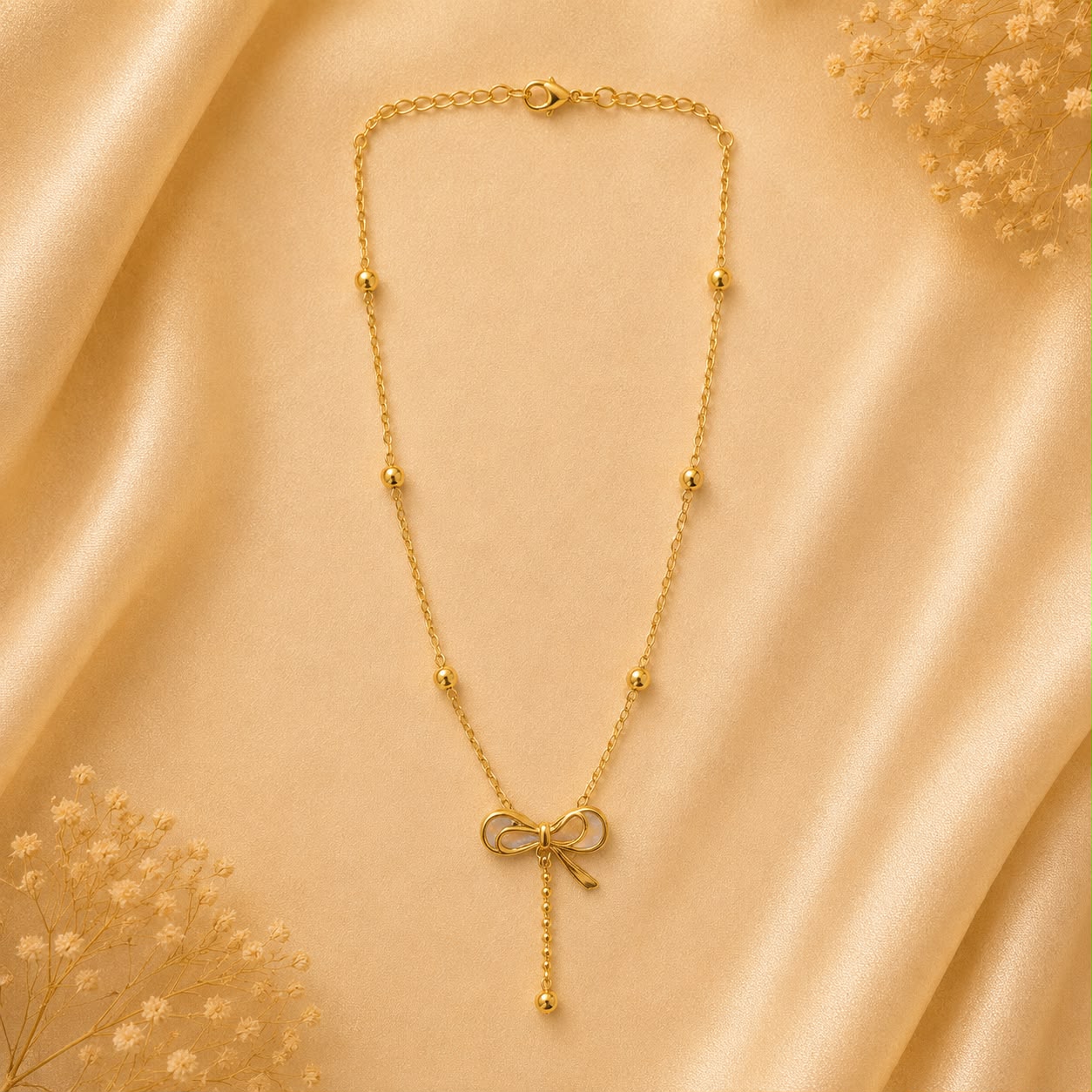 Product Name: Golden Bow Charm Beaded Necklace