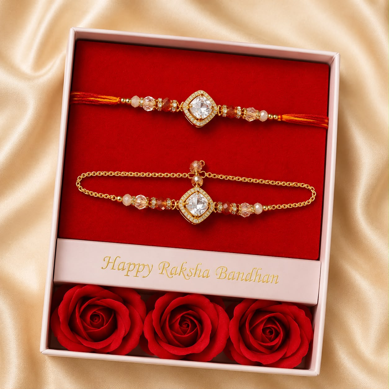 Premium Bhaiya Bhabhi Rakhi & Bracelet Gift Set with Rose Box