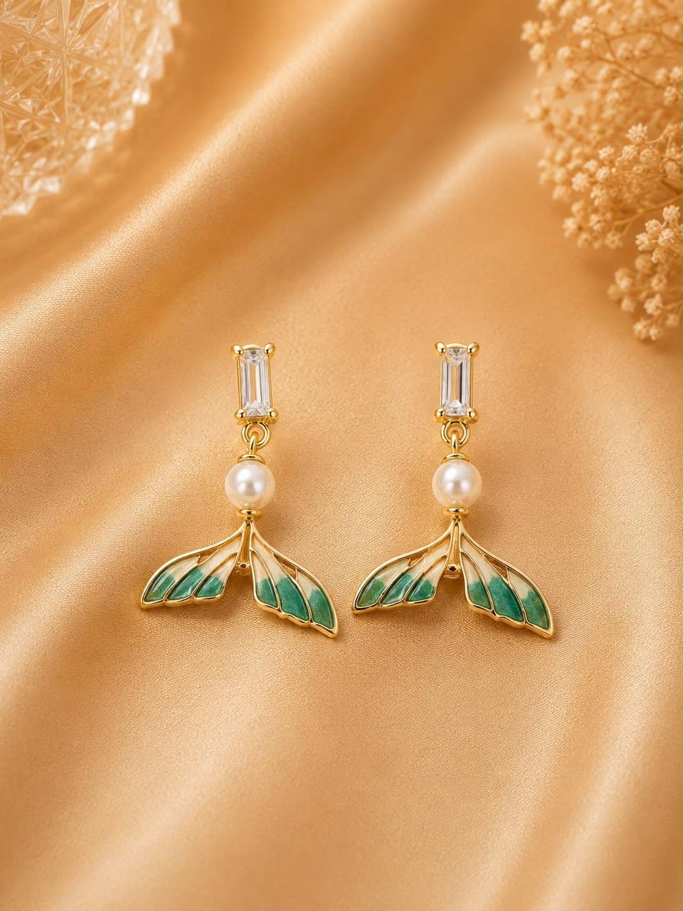 Emerald Leaf Pearl Drop Earrings