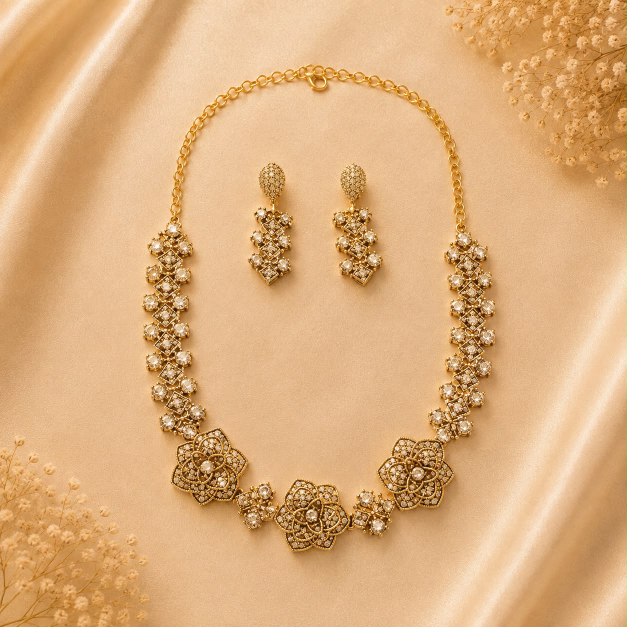 Product Name: Golden Floral Crystal Necklace & Earrings Set