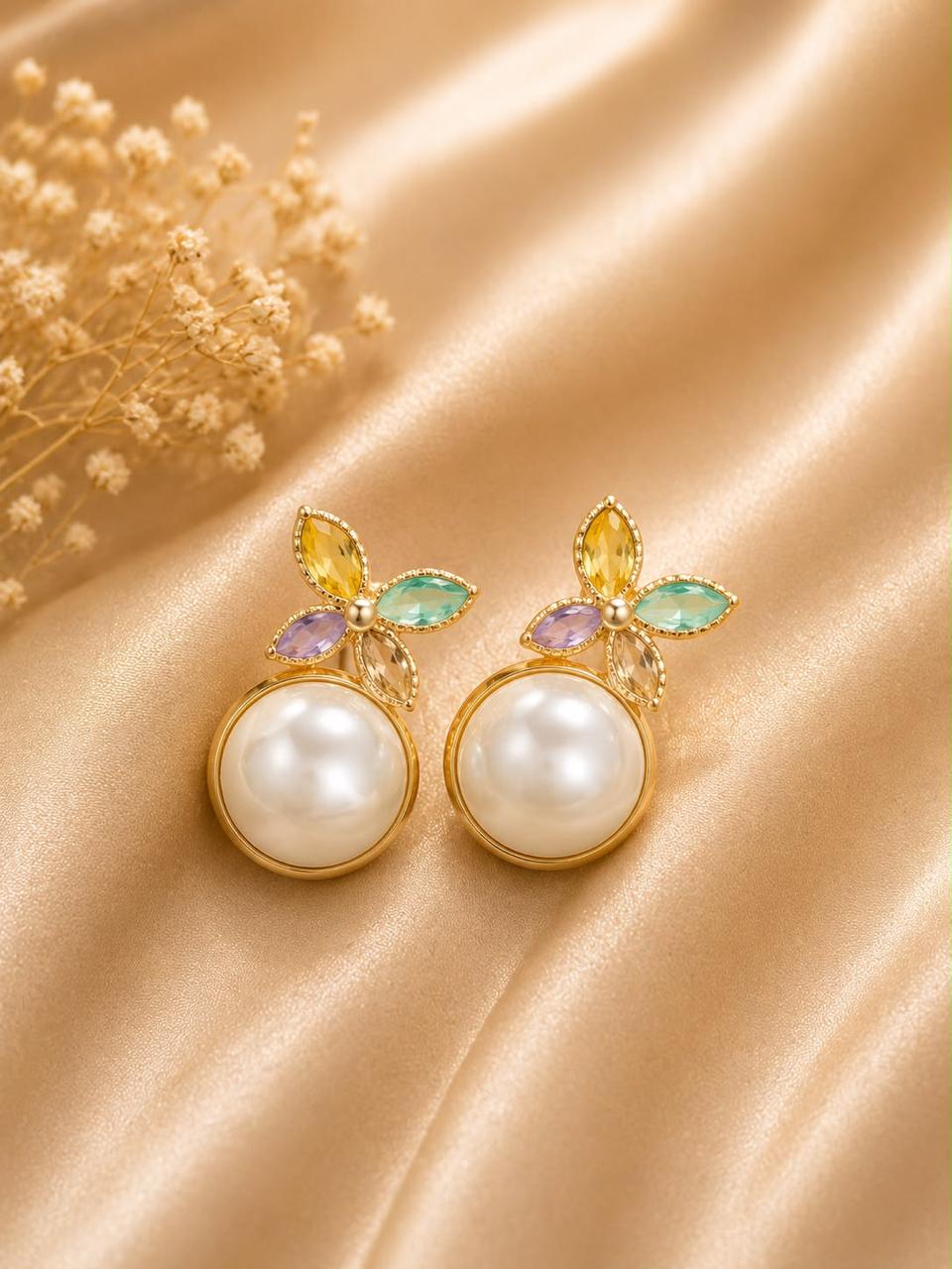 Product Name: Pearl & Multicolor Floral Drop Earrings