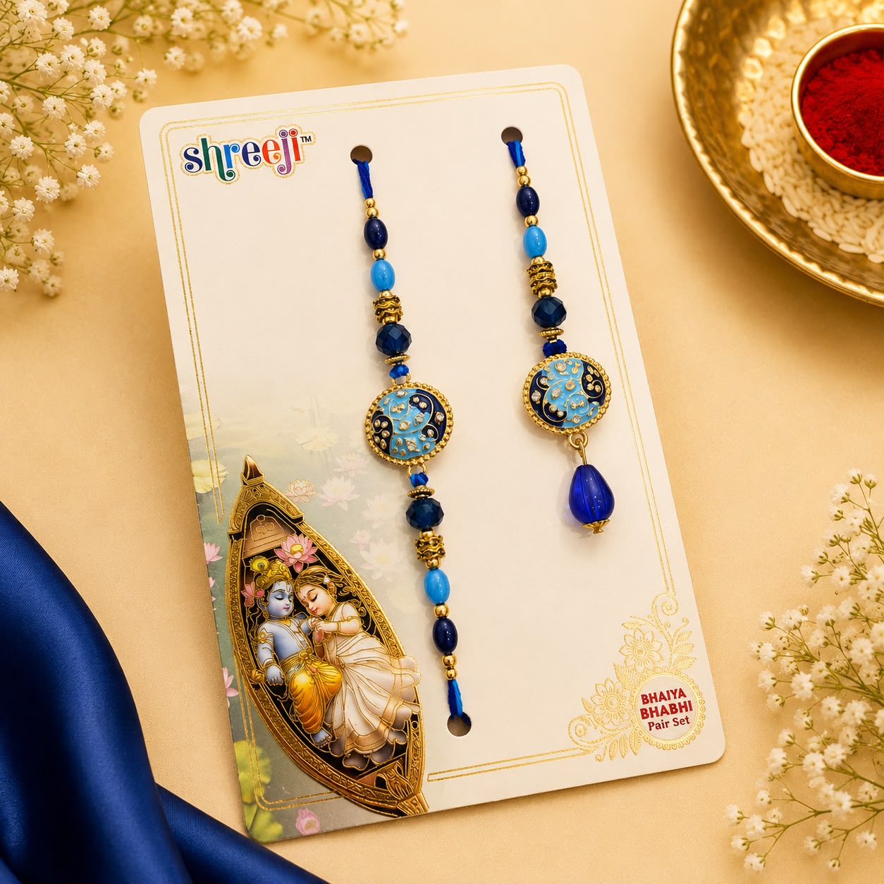 Premium Blue Floral Bhaiya Bhabhi Rakhi & Lumba Set
