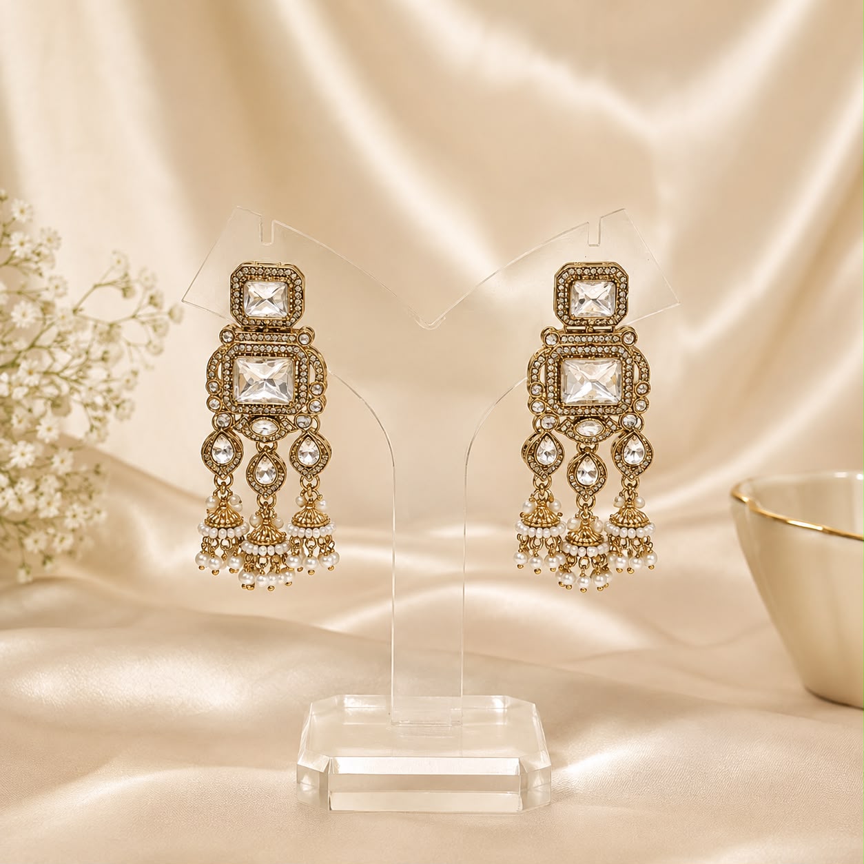 Antique Gold Square Stone Pearl Tassel Earrings