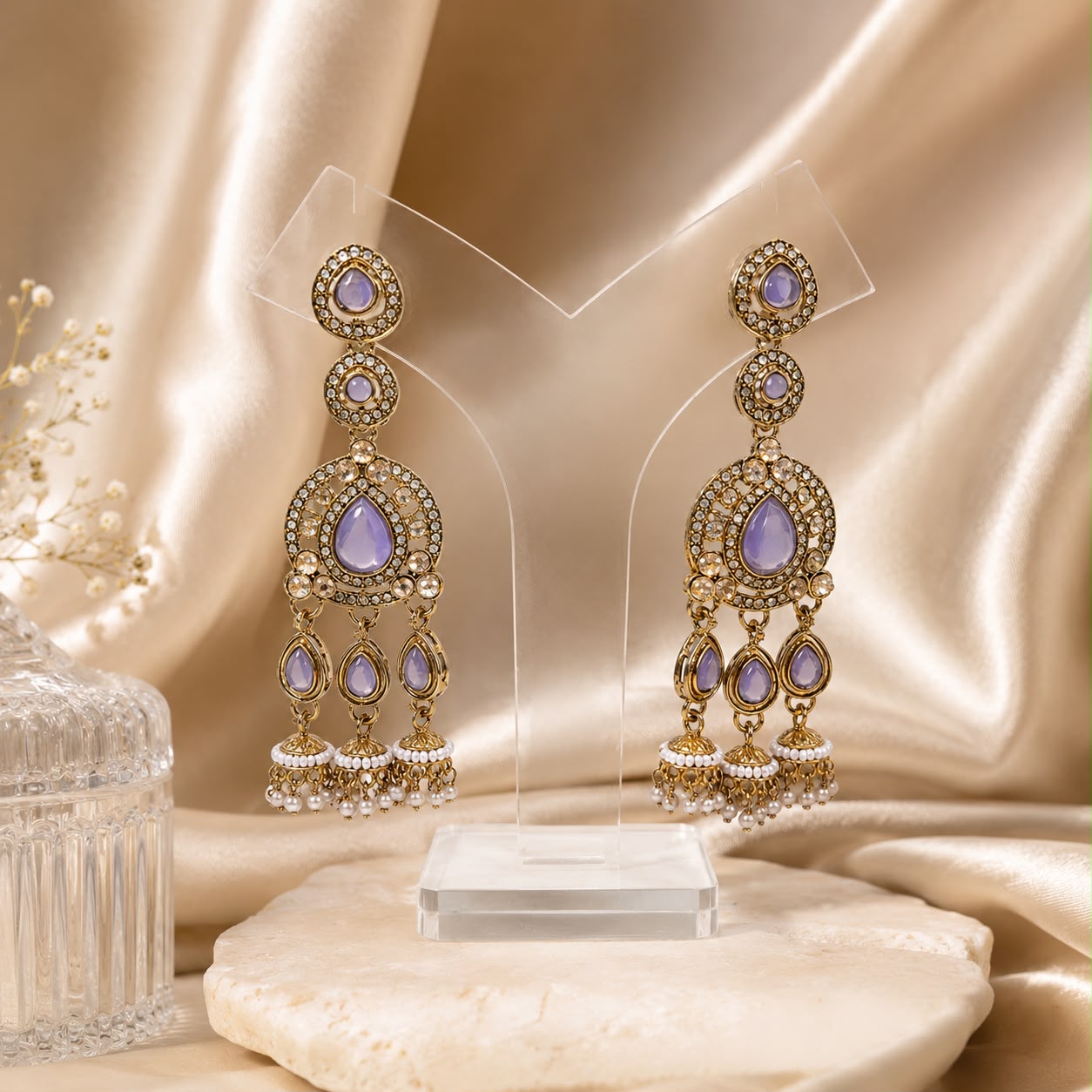 Lavender Antique Gold Pearl Jhumka Statement Earrings