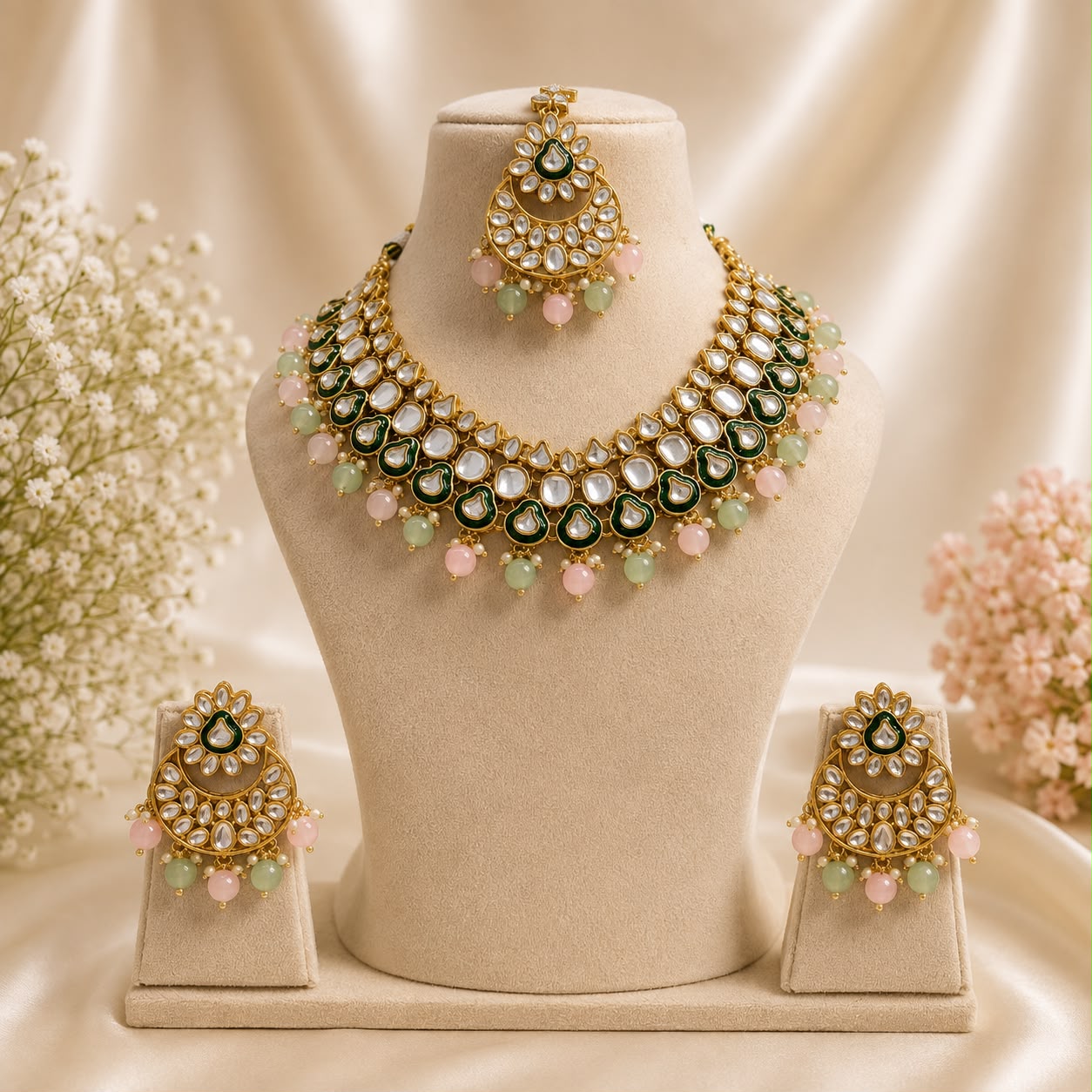 Pastel Green Kundan Choker Set with Maang Tikka & Earrings