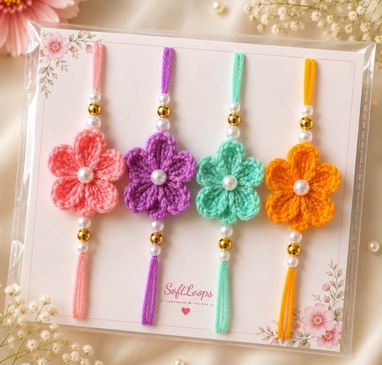 Product Name: Handmade Crochet Flower Rakhi with Pearl Beads