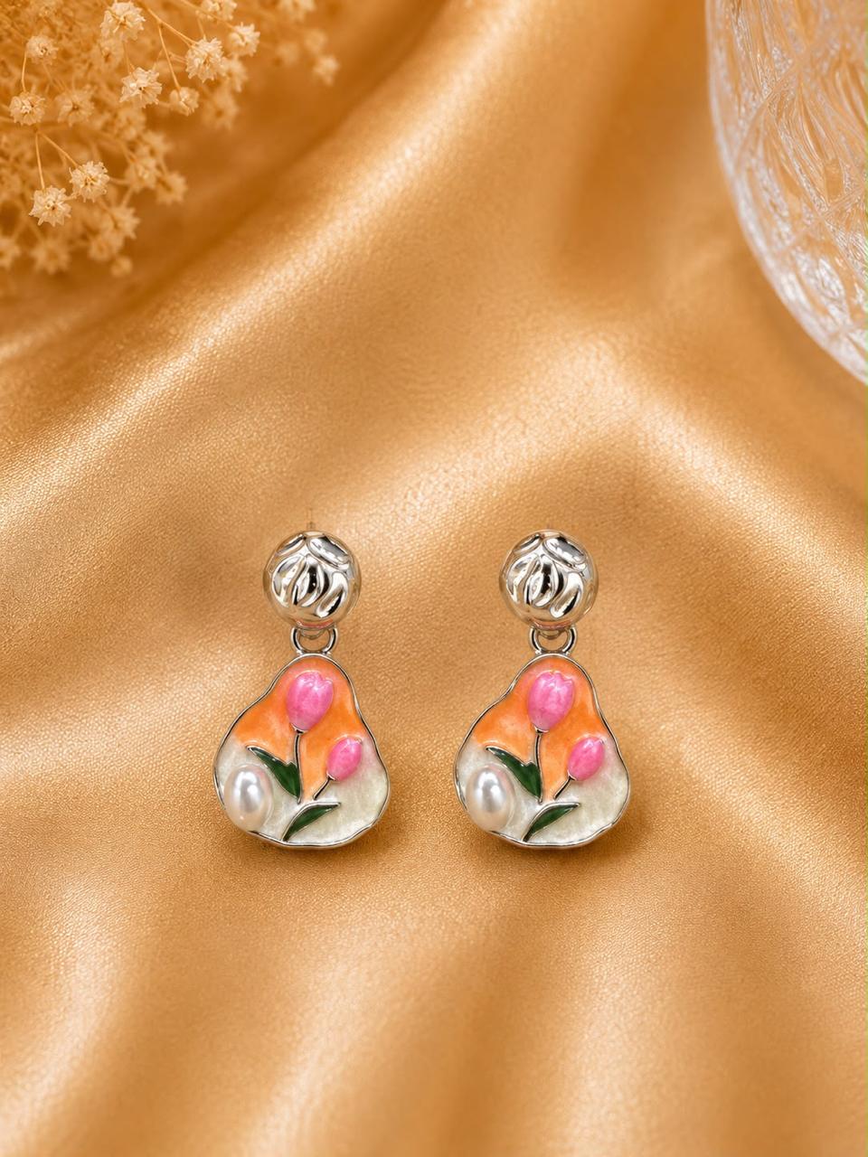 Enamel Floral Drop Earrings with Pearl