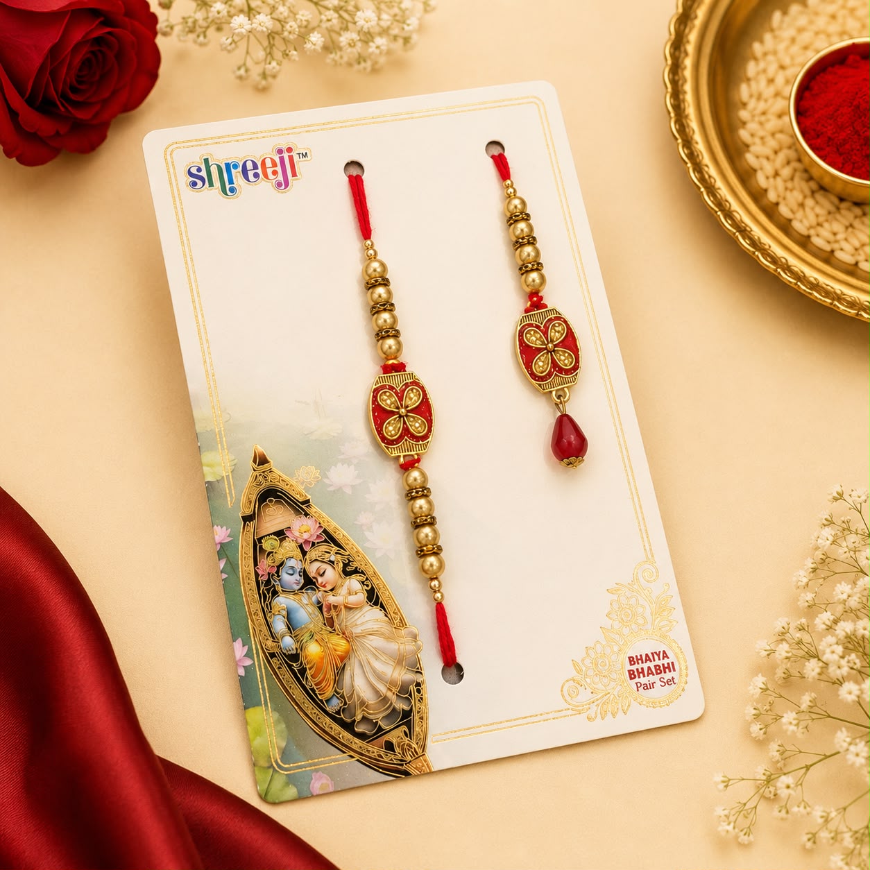 Premium Bhaiya Bhabhi Rakhi & Lumba Set with Floral Enamel Design