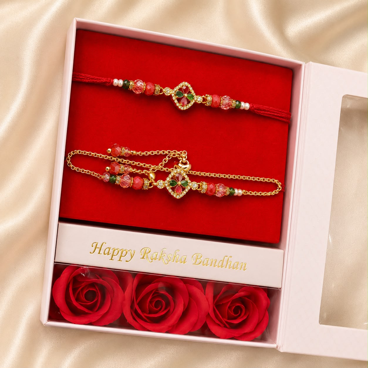 Premium Bhaiya Bhabhi Rakhi & Bracelet Gift Set with Rose Box