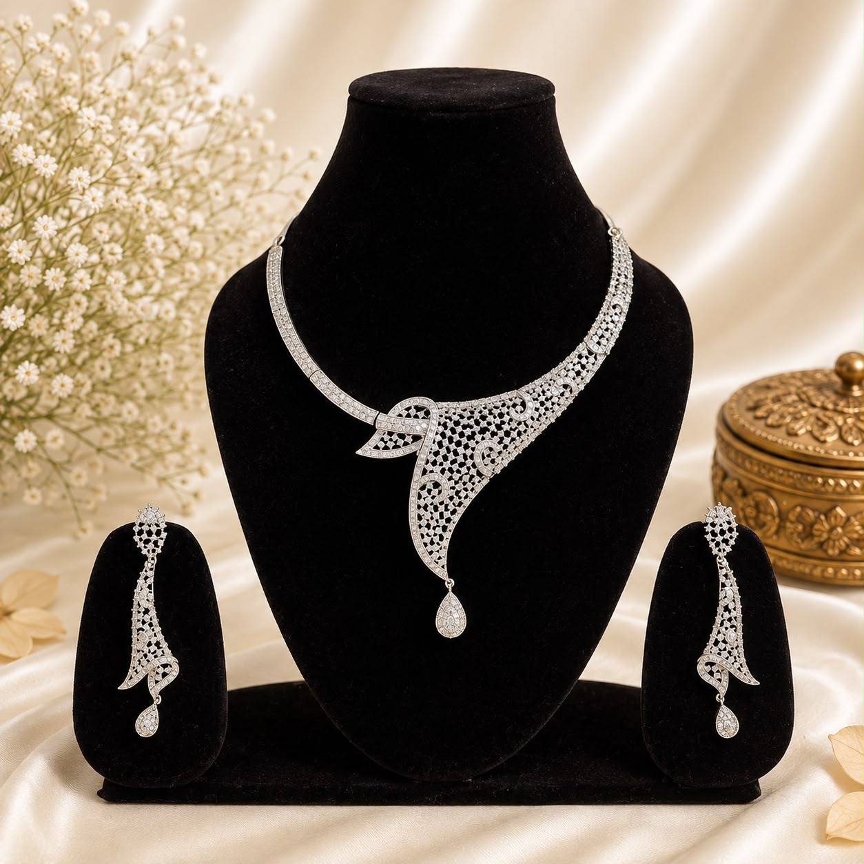 Luxury American Diamond Designer Necklace Set – Silver Finish