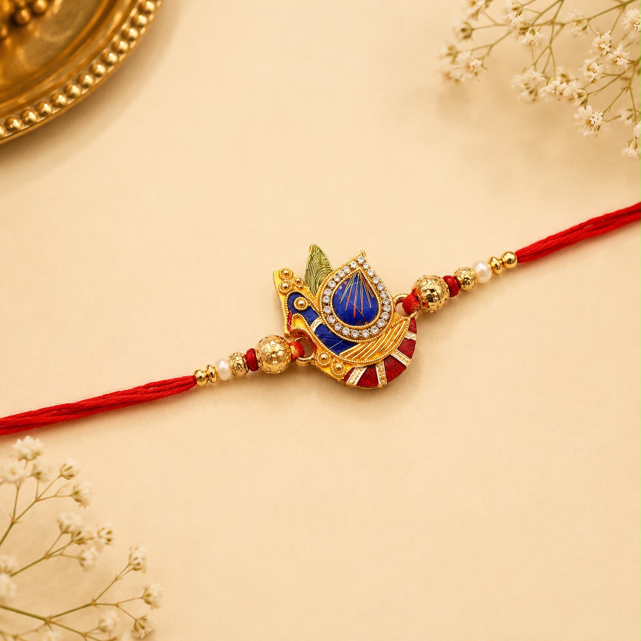 Shree Krishna Mor Pankh Designer Rakhi with Kundan Stones