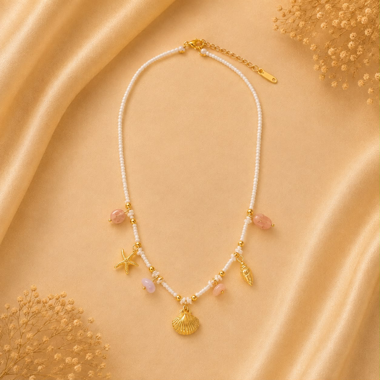 Product Name: Pearl & Pink Stone Shell Charm Necklace