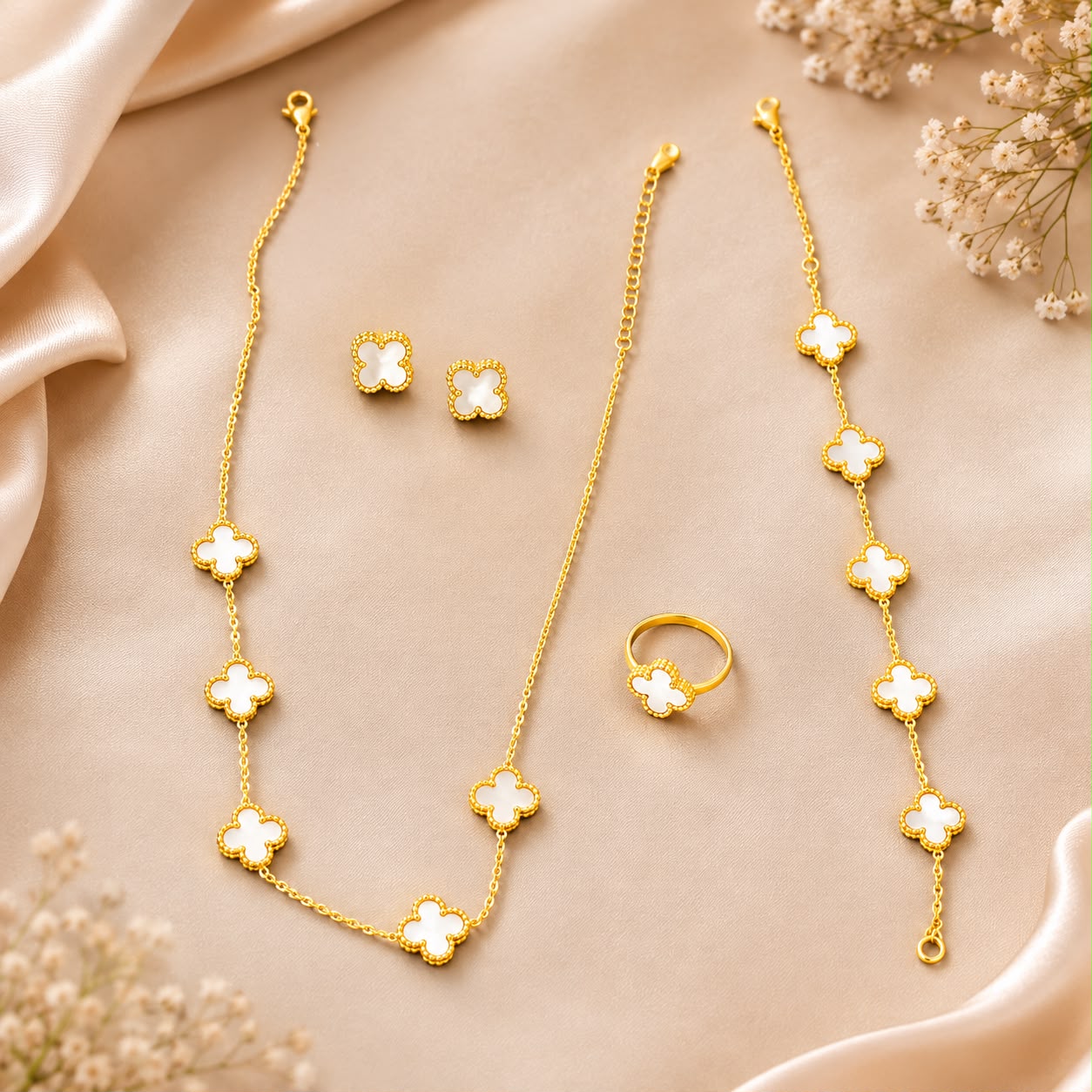 Product Name: Golden Clover White Stone Jewellery Set