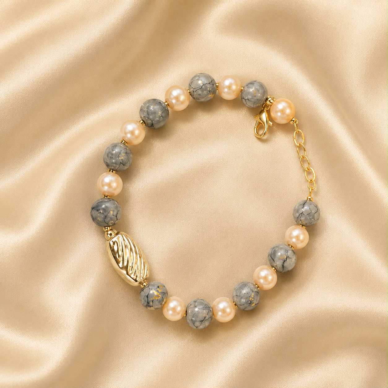 Grey Marble & Pearl Beaded Bracelet for Women