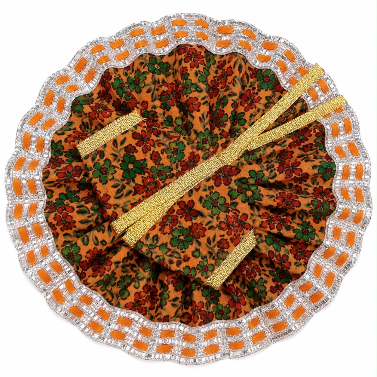 Orange Floral Print Laddu Gopal Poshak with Silver Zari Border