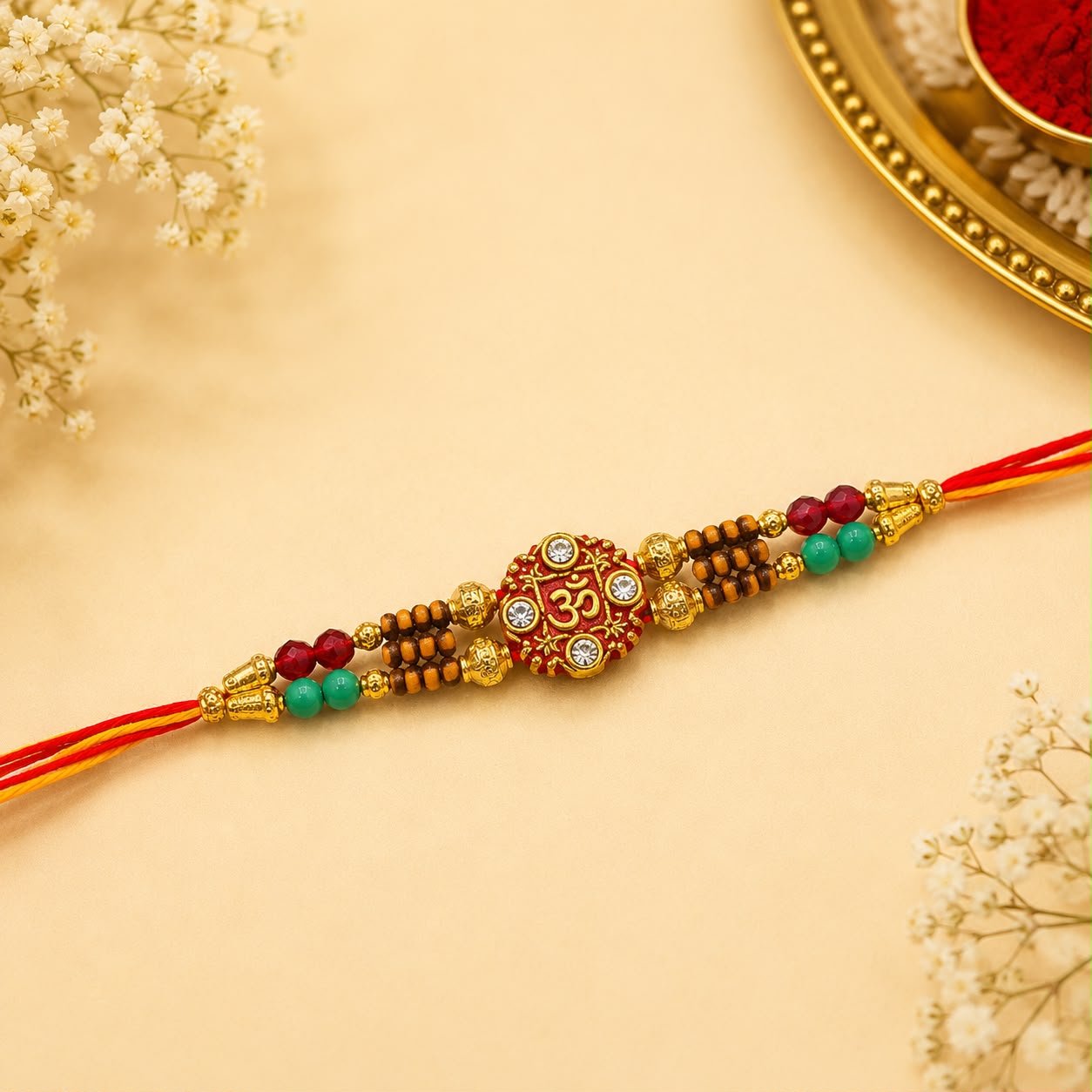 Premium Om Designer Rakhi with Wooden & Crystal Beads