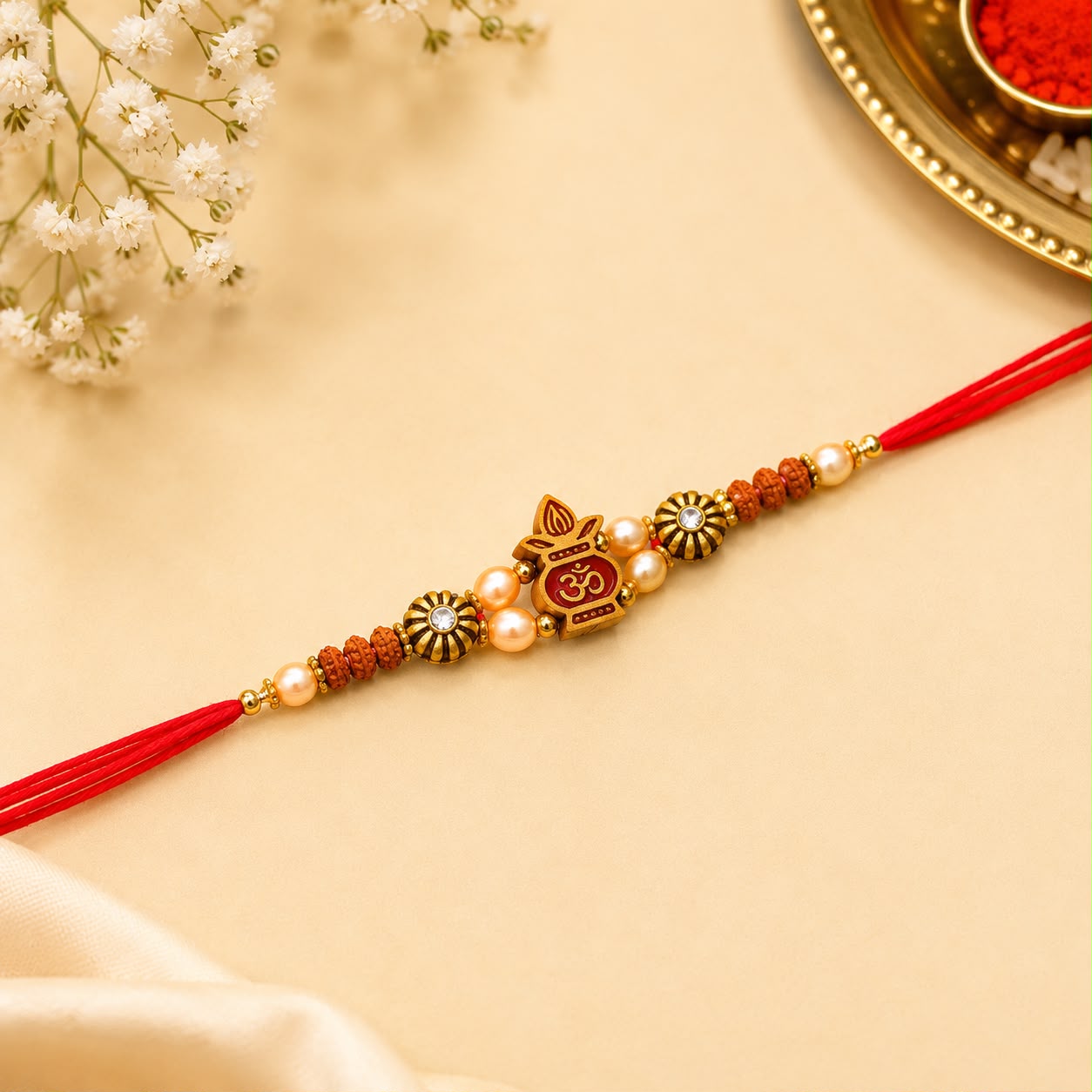 Om Kalash Designer Rakhi with Rudraksha & Pearl Beads