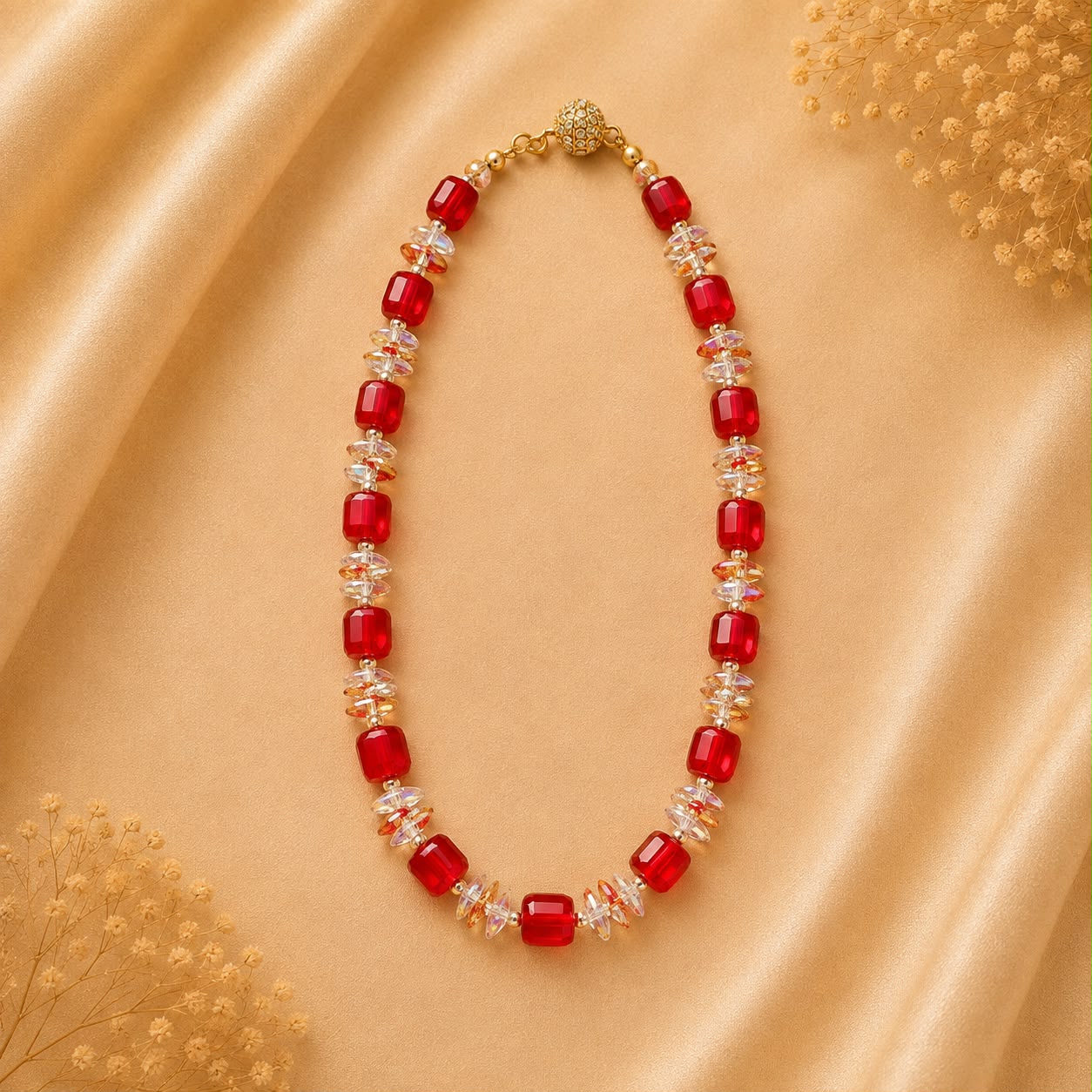 Product Name: Red Crystal Beaded Statement Necklace