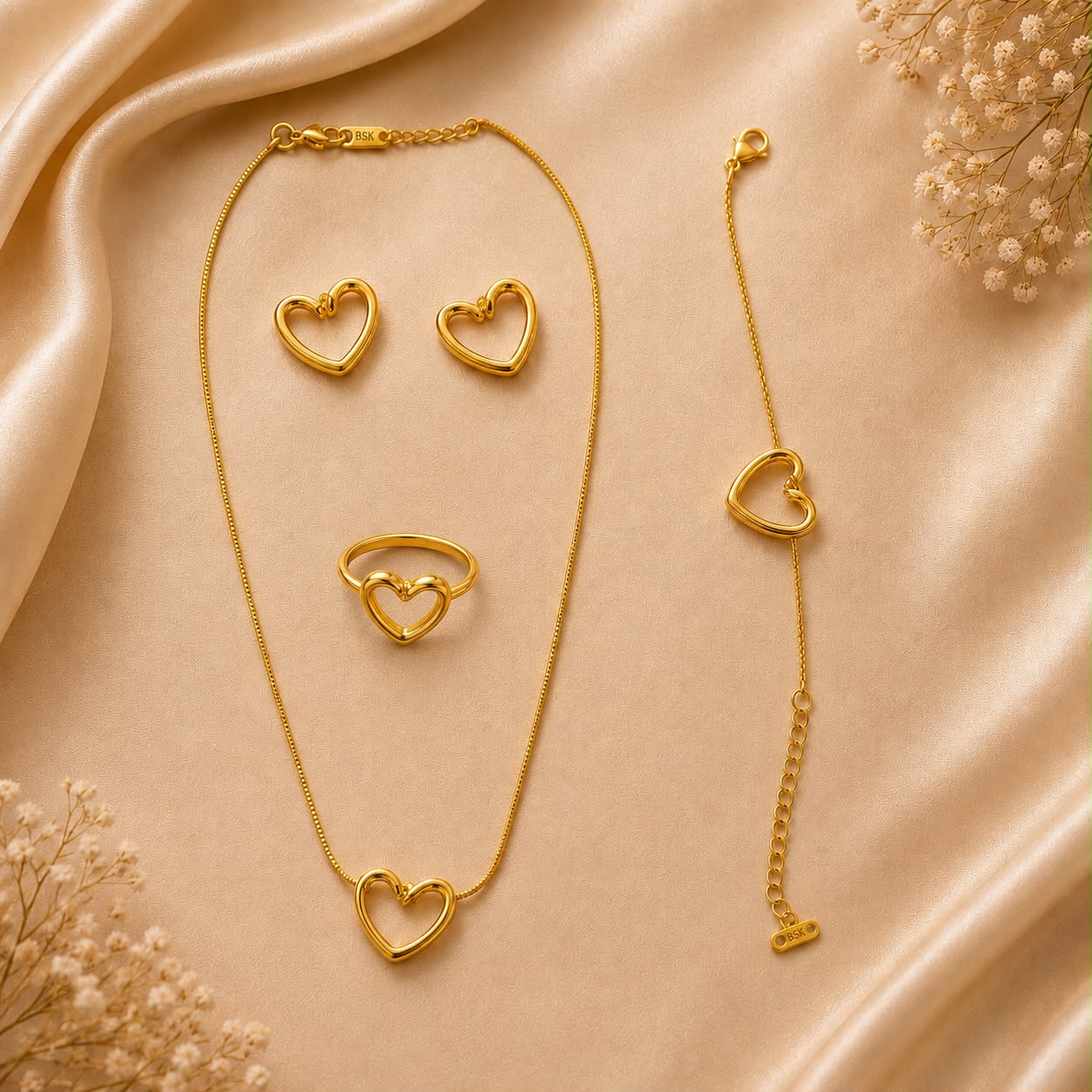 Product Name: Golden Heart Link Necklace, Earrings, Ring & Bracelet Set