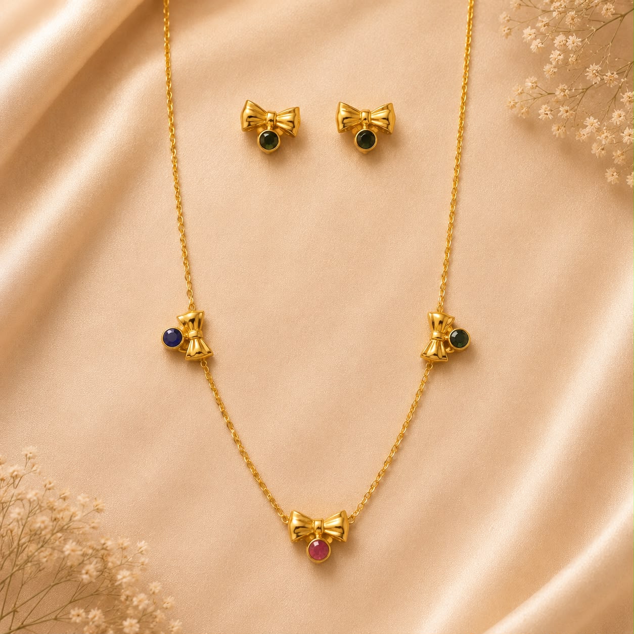 Product Name: Golden Bow Multicolour Stone Necklace & Earrings Set