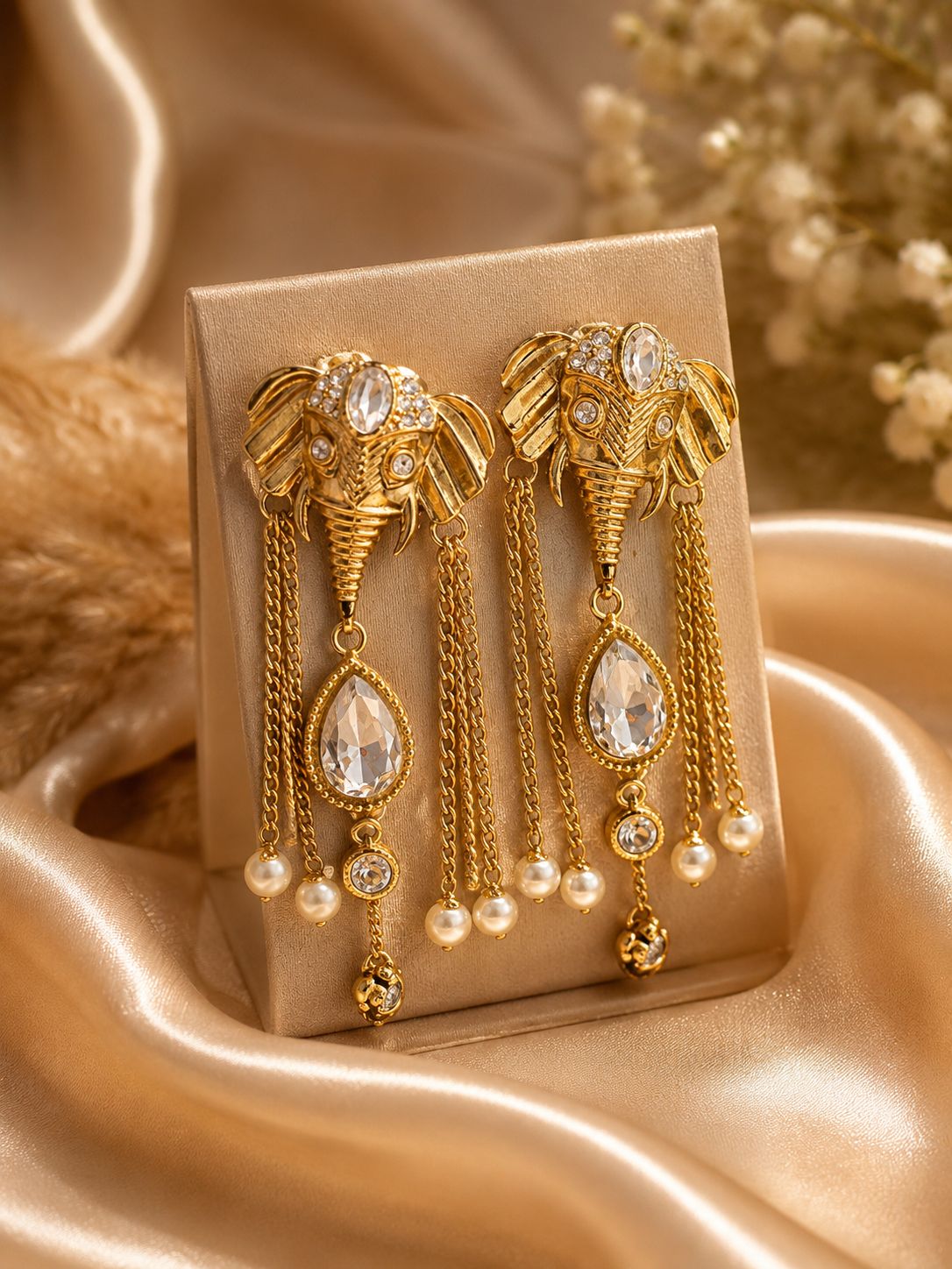 Royal Elephant Crystal Long Drop Earrings
