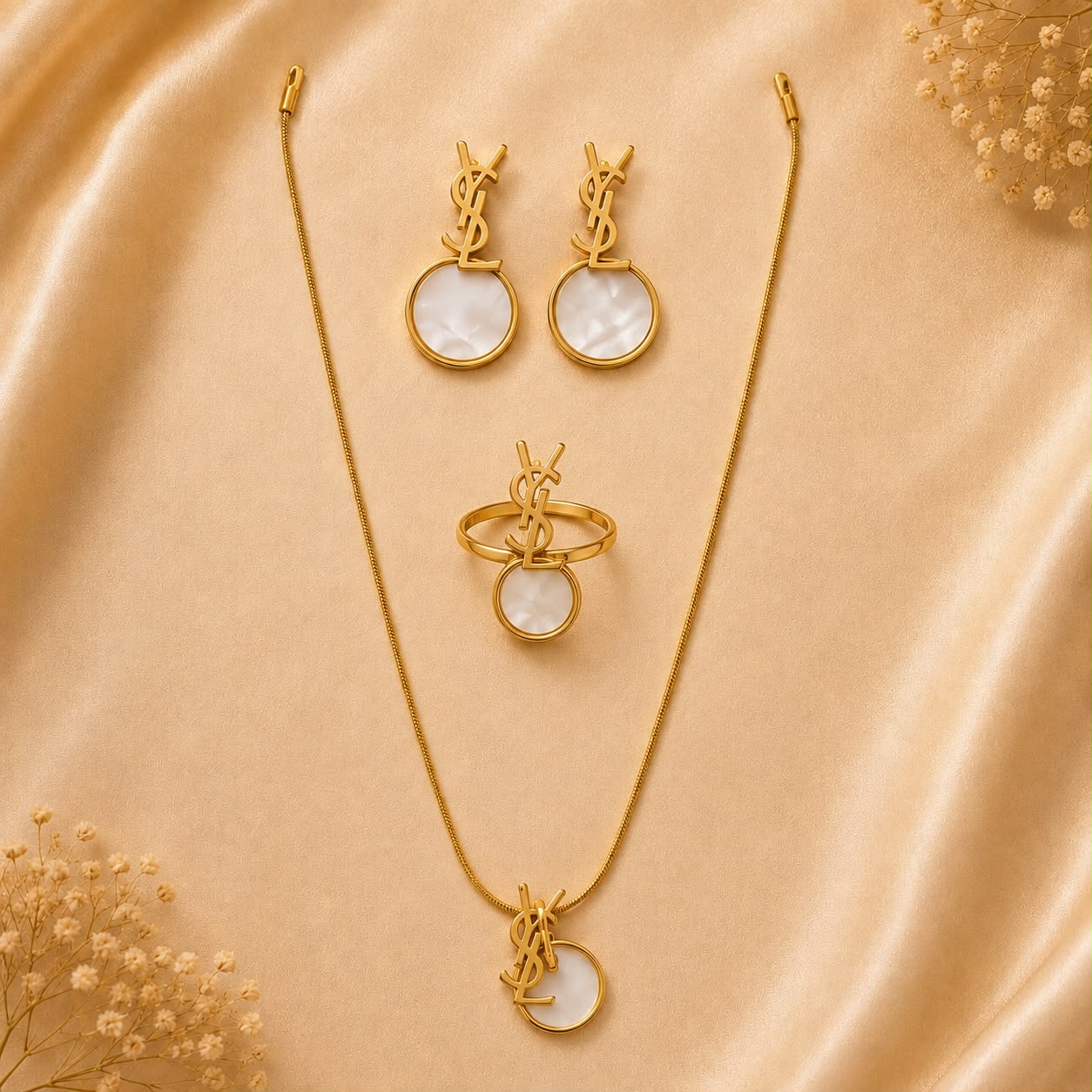 Product Name: Golden Monogram Pearl Necklace, Earrings & Ring Set