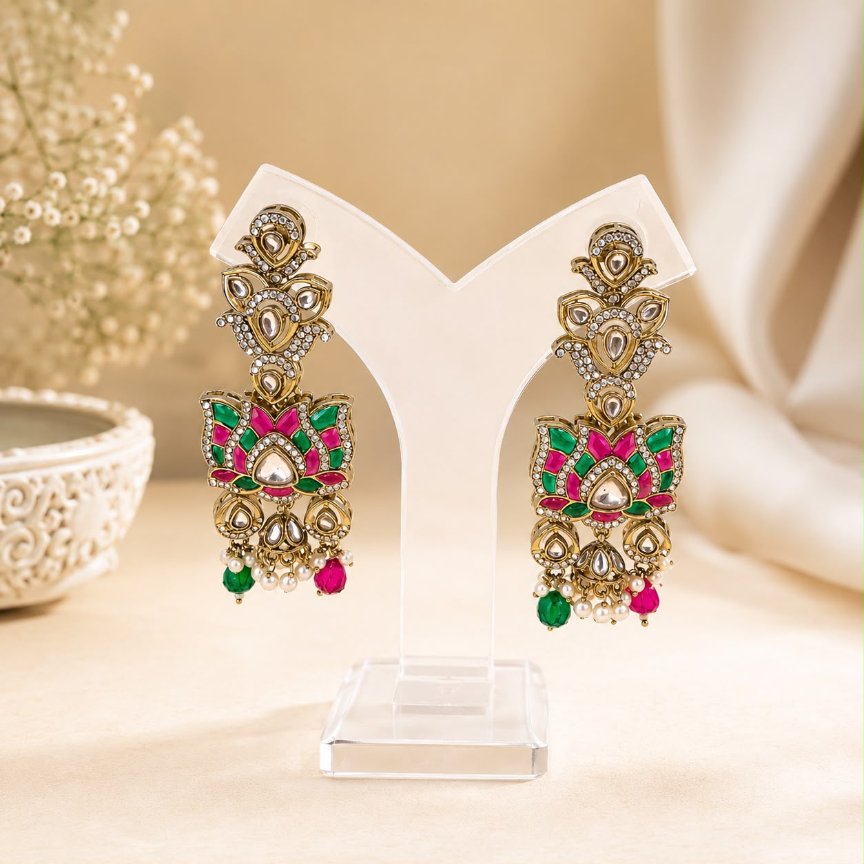 Lotus Kundan Statement Earrings